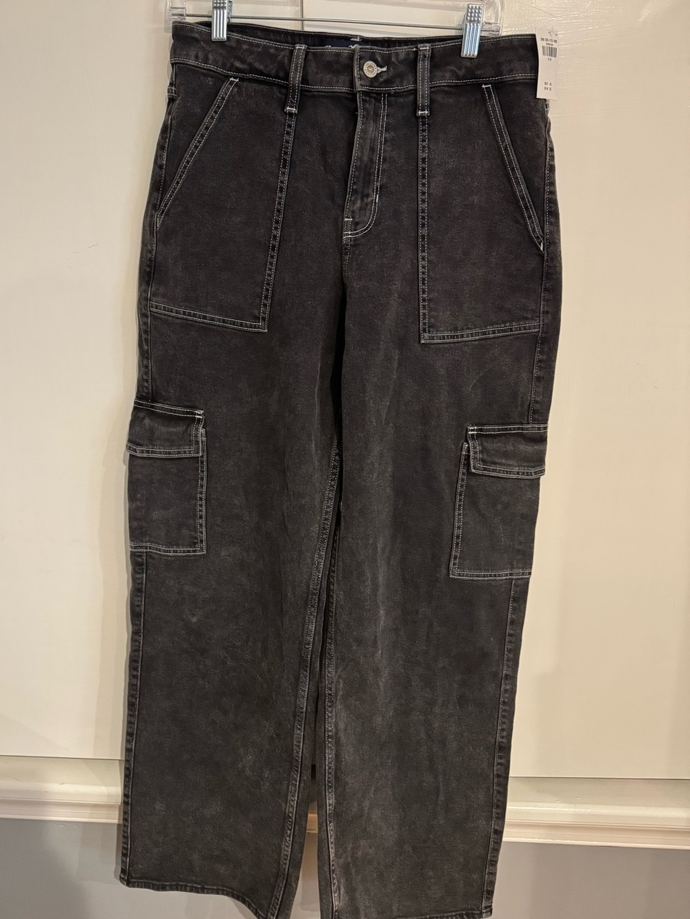 NWT Hollister Women's High Rise Wide Leg Cargo Jeans Washed Black Size 28